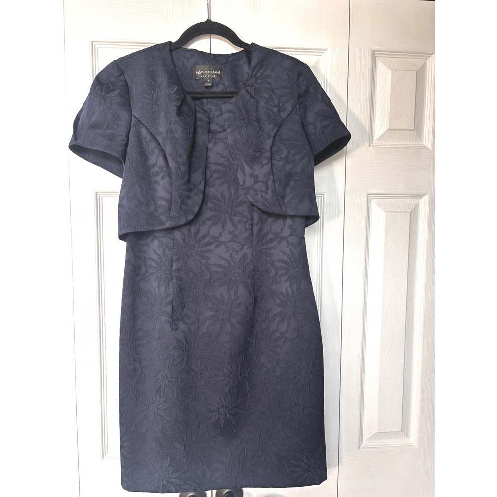 Connected Apparel Navy‎ Blue Floral Jacquard Sheath Dress & Bolero Jacket Set 8